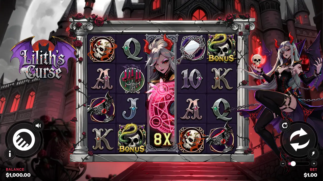 Lilith's Curse base game on the 5×4 grid with a full-reel Lilith wild carrying 8x and two Bonus scatters
