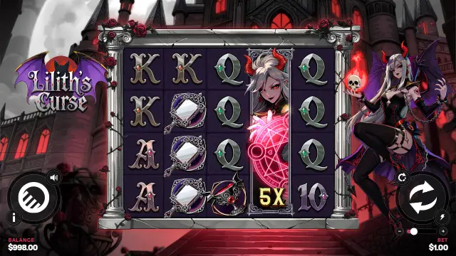 Lilith's Curse base game with a 5x Lilith wild on reel four among mirror, goblet and card symbols