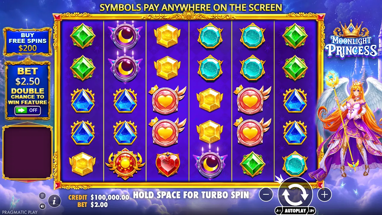 Moonlight Princess base game: 6×5 scatter-pays grid with buy free spins and ante bet panels