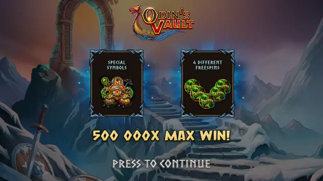 Odin's Vault intro screen with special symbols, 4 different free spins and a 500,000x max win