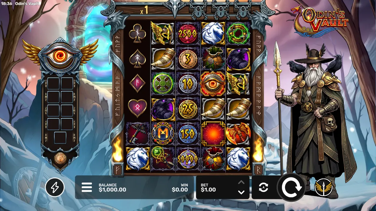 Odin's Vault base game on the 5×6 grid with coin symbols, a key and an M symbol, and Odin with his ravens beside the reels