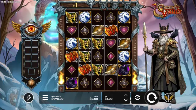Odin's Vault spin with card-suit royals, white horses, ravens, horns, axes and winged helmets on the 5×6 grid