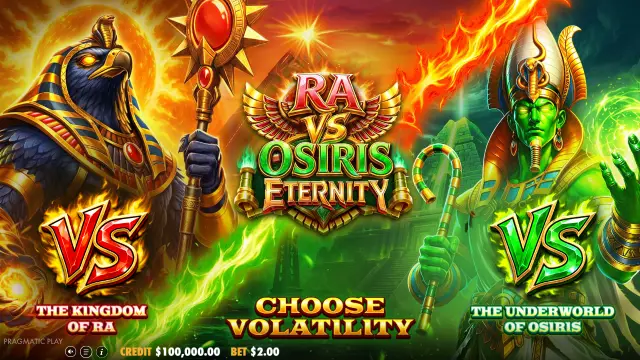 Ra vs Osiris: Eternity start screen with Ra and Osiris either side of a Choose Volatility prompt