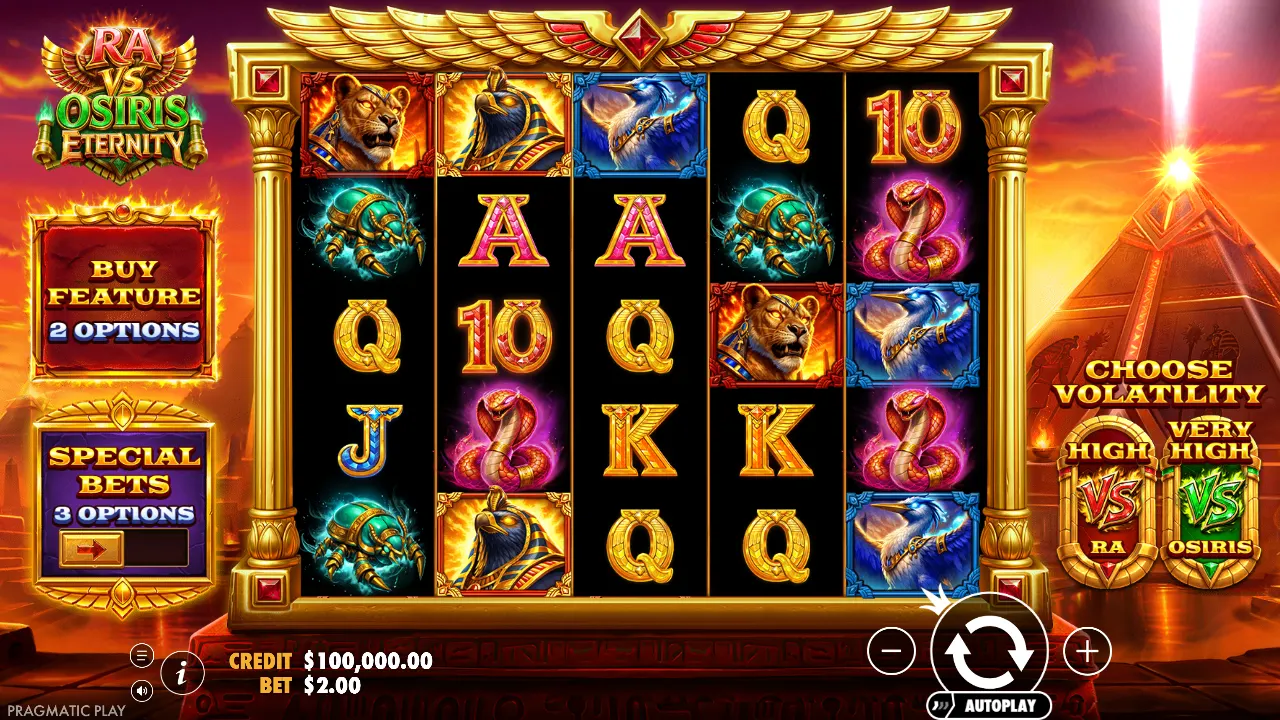 Ra vs Osiris: Eternity base game on the 5×5 grid with Buy Feature, Special Bets and the High or Very High volatility choice