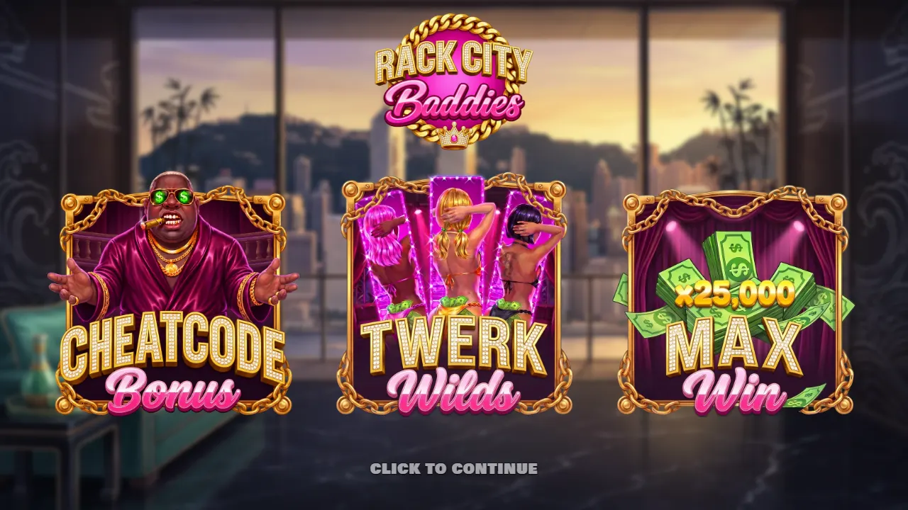 Rack City Baddies intro screen with the Cheatcode Bonus, Twerk Wilds and a x25,000 max win panel