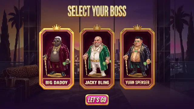 Rack City Baddies boss selection screen with Big Daddy, Jacky Bling and Yuan Spenser in a sunset penthouse
