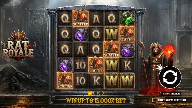 Rat Royale intro screen stating a win of up to 15,000x the bet