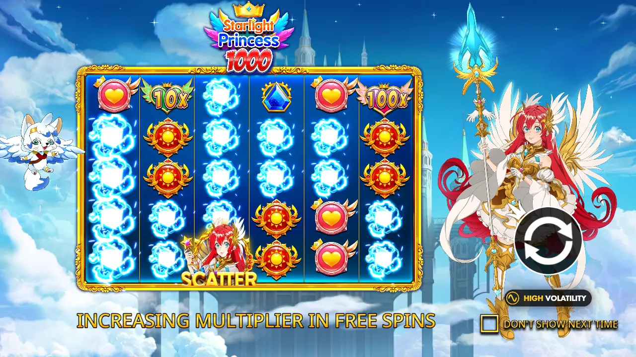 Starlight Princess 1000 intro screen with 10x and 100x orbs, a scatter, the princess and a High Volatility badge