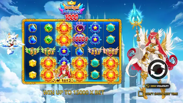 Starlight Princess 1000 intro screen with a 1000x orb, sun symbol wins and Win up to 15000 x bet