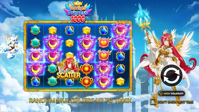 Starlight Princess 1000 intro screen with moon symbol wins on the 6×5 grid and multipliers up to 1000x