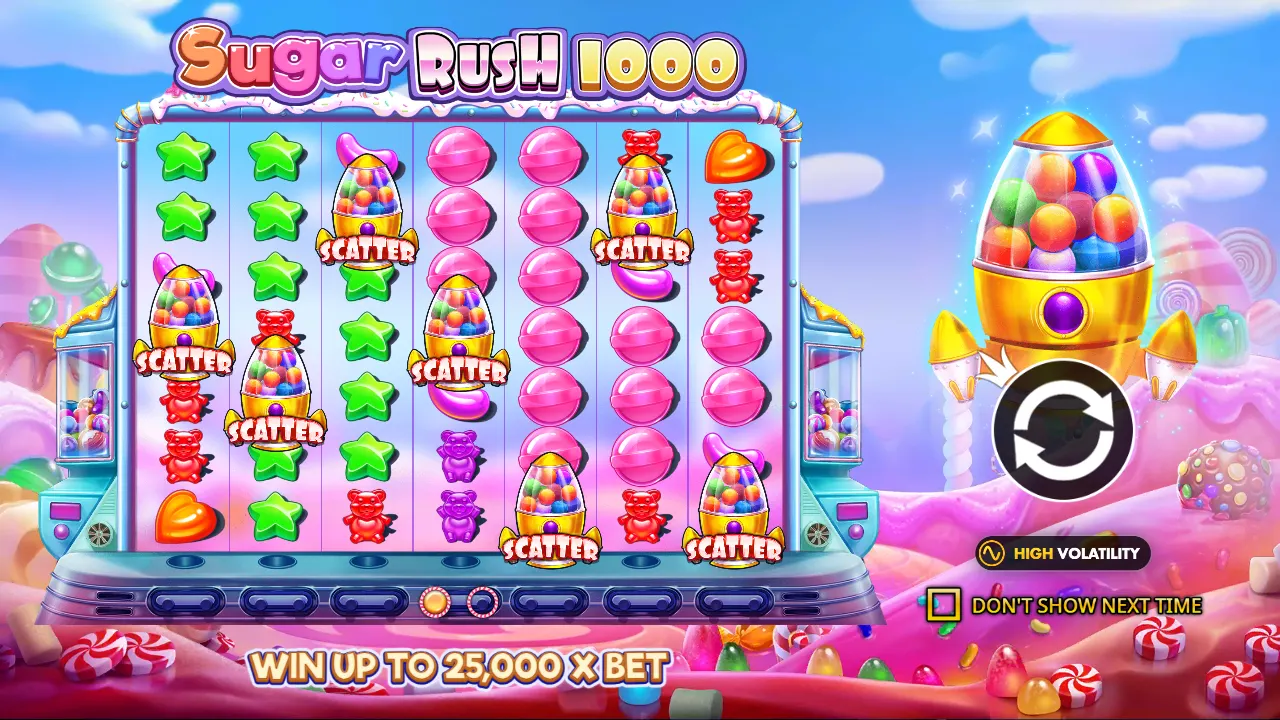 Sugar Rush 1000 intro screen: 7×7 candy grid with gumball scatters, high volatility badge and 25,000x max win