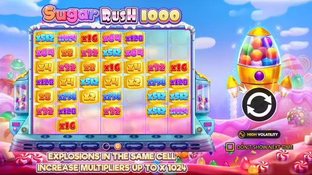 Sugar Rush 1000 intro screen showing a grid of multiplier spots from x2 up to x1,024