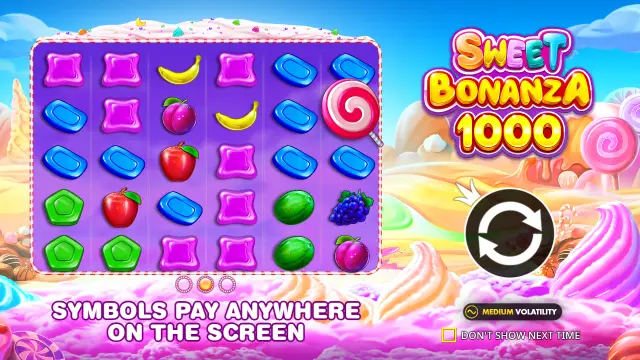 Sweet Bonanza 1000 intro screen with a lollipop scatter on the candy grid and a medium volatility badge