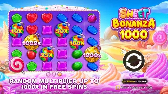 Sweet Bonanza 1000 intro screen showing candy bomb multipliers from 10x to 1,000x on the grid