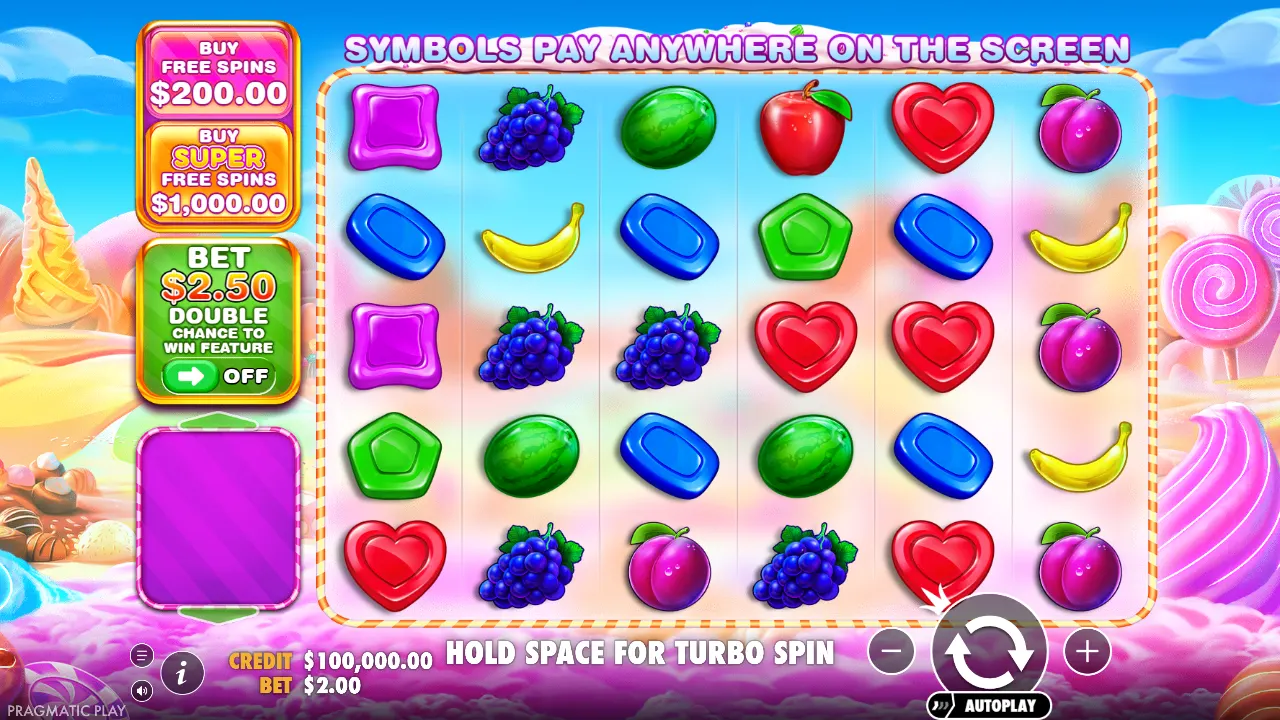 Sweet Bonanza 1000 6×5 base game with fruit and candy symbols, buy buttons and the ante toggle