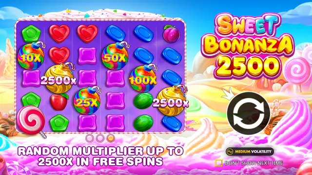 Sweet Bonanza 2500 intro screen with candy bombs up to 2,500x and a medium volatility badge