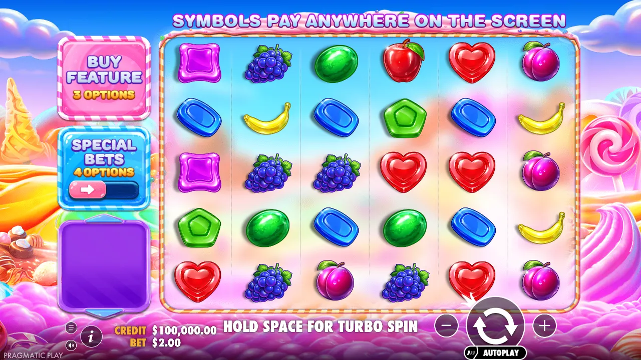 Sweet Bonanza 2500 6×5 base game with candy and fruit symbols, Buy Feature and Special Bets panels
