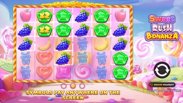 Sweet Rush Bonanza intro screen showing marked spots and x2 multipliers with a medium volatility badge