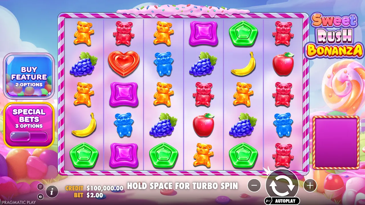 Sweet Rush Bonanza 6×5 base game with gummy bears, candies and fruit beside the Buy Feature and Special Bets panels