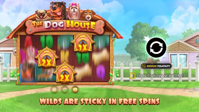 The Dog House intro screen showing 2x and 3x kennel wilds on spinning reels and the sticky wilds message