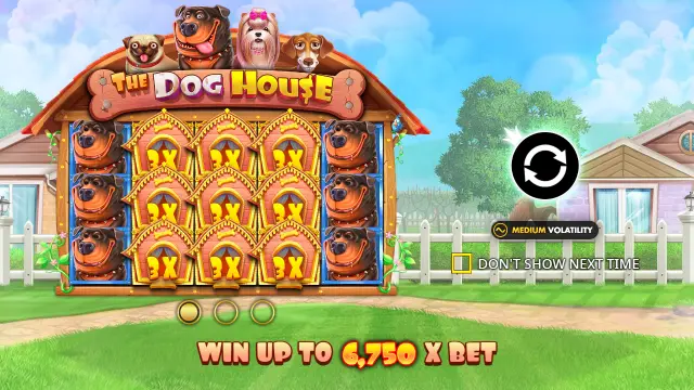 The Dog House intro screen with rottweilers on reels 1 and 5, nine 3x wilds and Win up to 6,750x bet