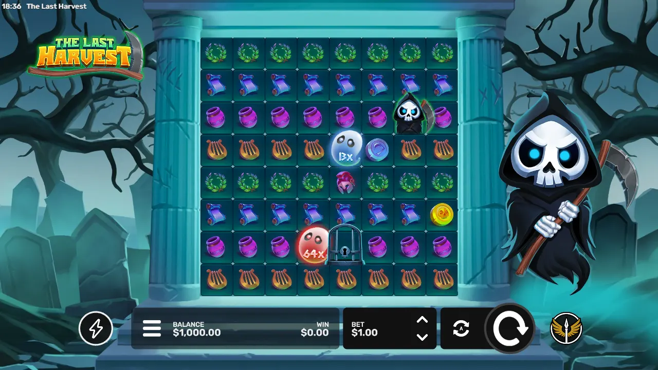The Last Harvest 8×8 grid of wreaths, scrolls, urns and lyres with two multiplier Souls, a small Reaper and a cage tile