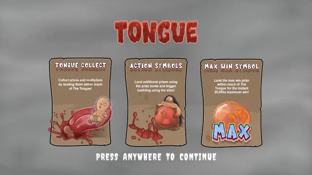 Tongue intro screen explaining Tongue Collect, the Prize Bomb and Slice action symbols and the MAX win symbol