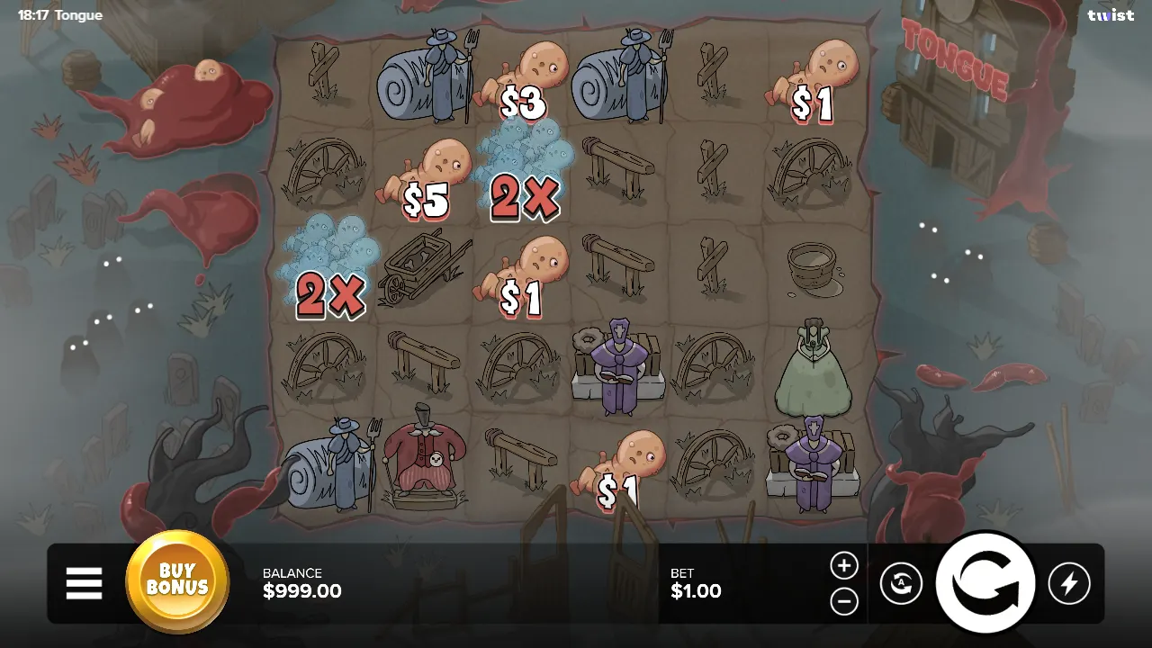 Tongue base game on the 6×5 grid with baby prize symbols worth $1 to $5, two 2x ghost babies and the Buy Bonus button