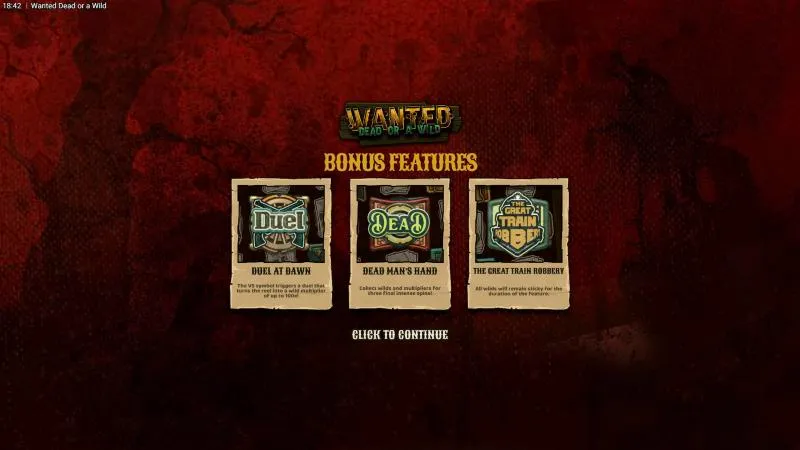 Wanted Dead or a Wild intro screen listing its three bonus features