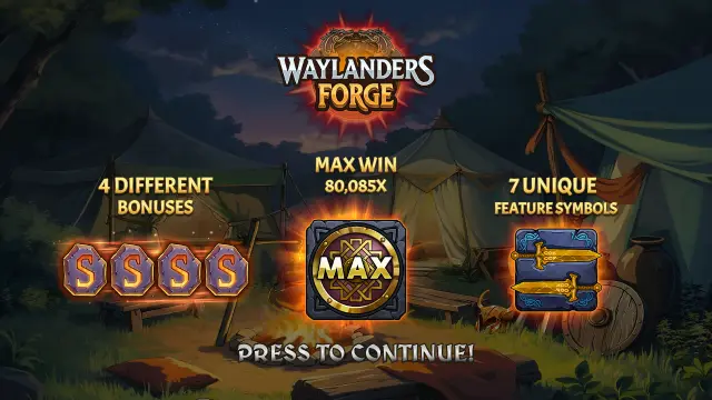 Waylanders Forge intro screen listing 4 different bonuses, an 80,085x max win and 7 unique feature symbols