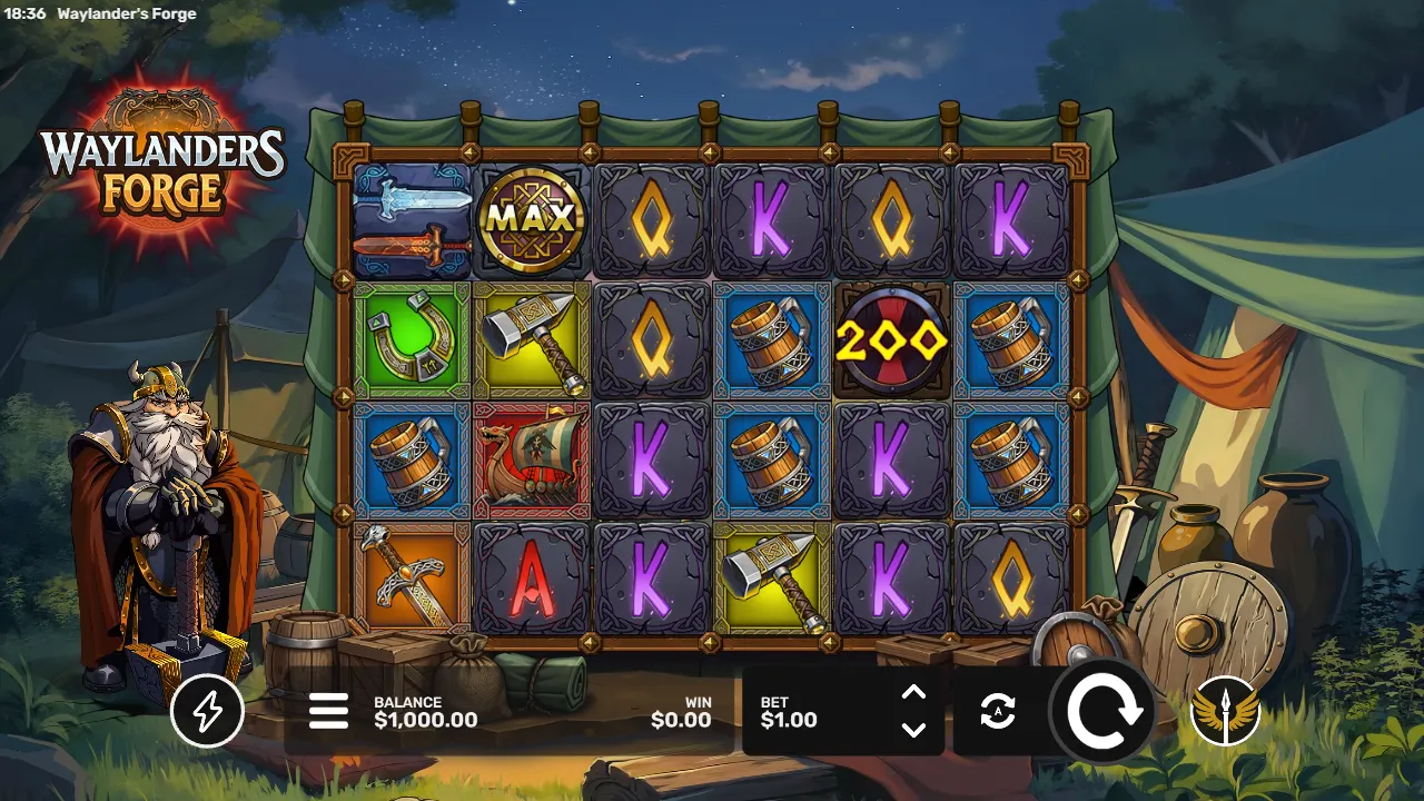 Waylanders Forge base game on the 6×4 grid with a gold Max Wild, a 200 multiplier shield and the bearded smith by the reels