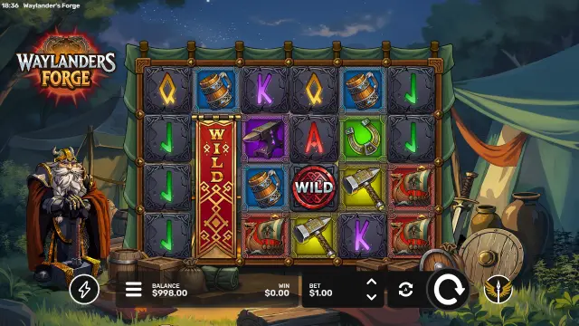 Waylanders Forge spin with a tall Expanding Wild banner on reel 2 and a round Wild among tankards, hammers and longships
