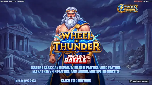 Wheel of Thunder intro screen with Zeus, the Bonus Buy Battle logo, a very high volatility badge and a 50,000x max win