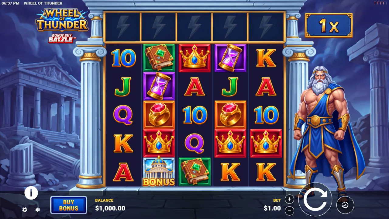 Wheel of Thunder 5×5 grid with five thunderbolt Feature Bar slots above, a 1x Global Multiplier and Zeus by the reels