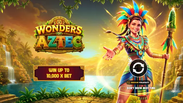 Wonders of Aztec intro screen with the Aztec princess, a 10,000x max win banner and a medium volatility badge