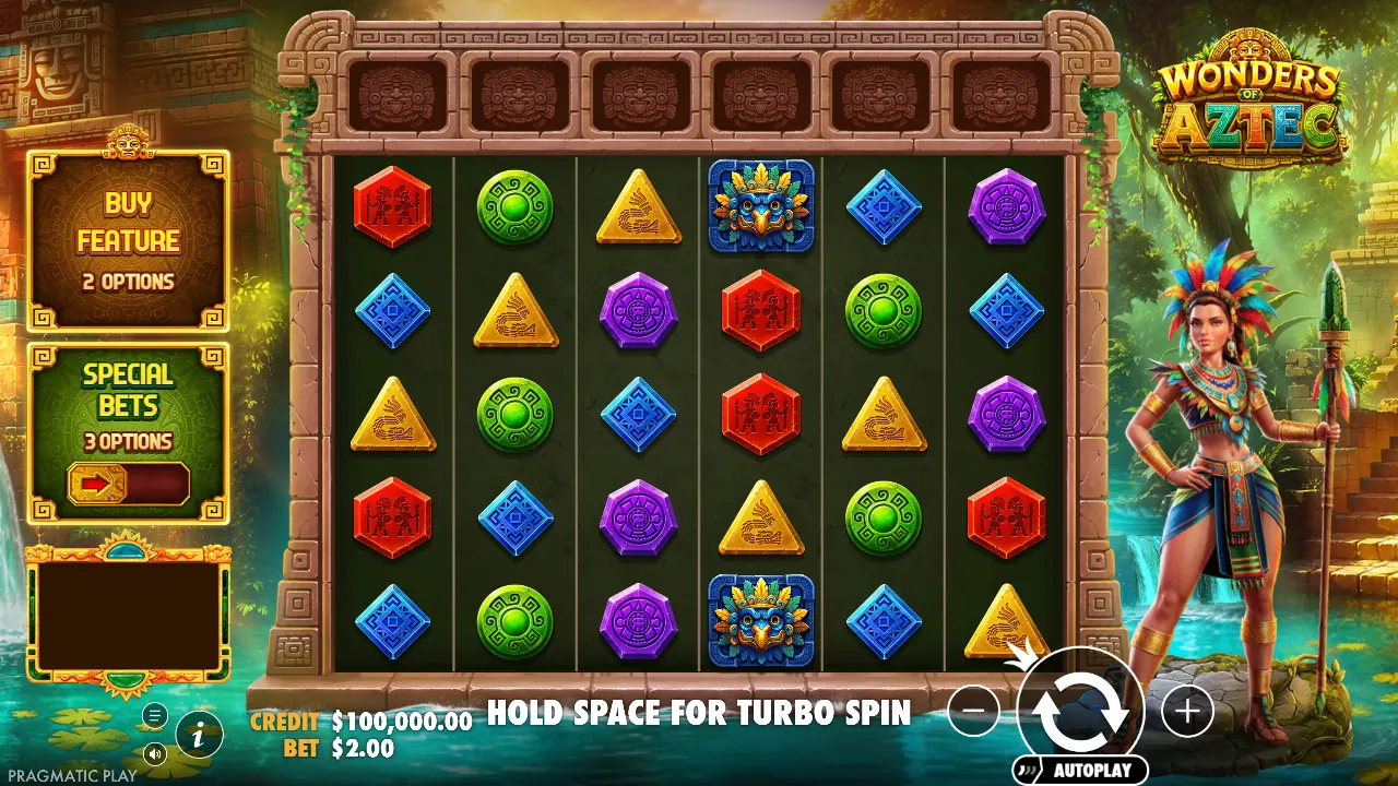 Wonders of Aztec 6×5 base game with carved gem symbols, the Aztec princess and the Buy Feature panel