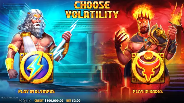 Zeus vs Hades: Gods of War Choose Volatility screen with Zeus for Olympus and Hades for the underworld mode