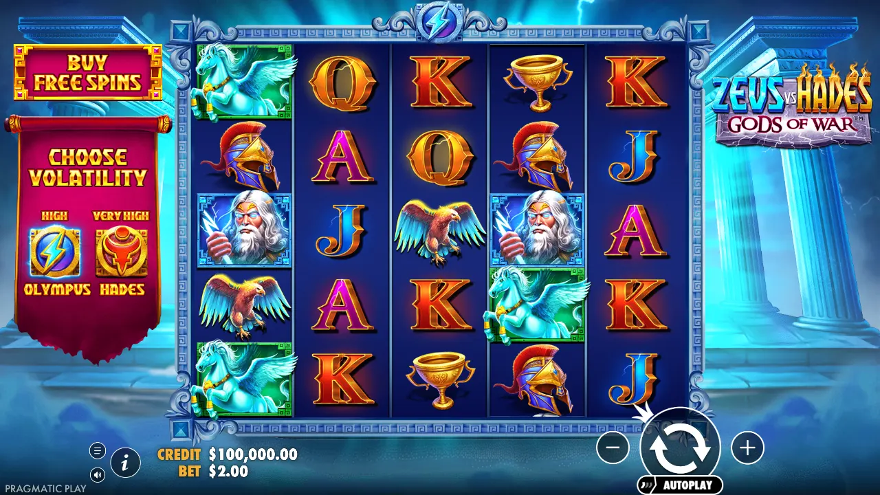 Zeus vs Hades: Gods of War 5×5 base game with Zeus, Pegasus and helmet symbols and the volatility switch